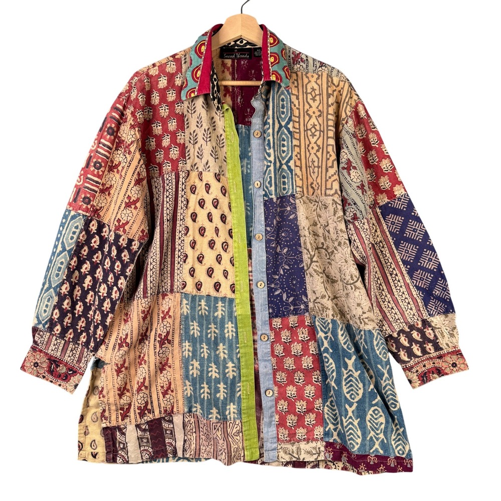 Sacred Threads Patchwork Cotton Button Up Shirt M/L Boho Block Print Hippie